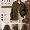 A woman wearing an oversized brown faux leather jacket with cream pants and a white sweater, styled as a chic casual fall outfit. The image features a trendy brown jacket, relaxed fit, practical pockets, and neutral fall fashion styling.