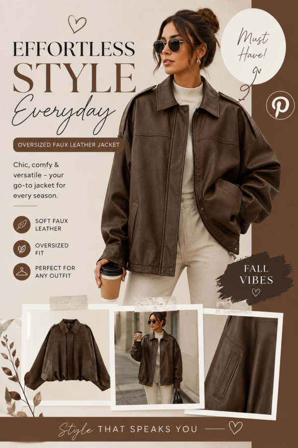 A woman wearing an oversized brown faux leather jacket with cream pants and a white sweater, styled as a chic casual fall outfit. The image features a trendy brown jacket, relaxed fit, practical pockets, and neutral fall fashion styling.